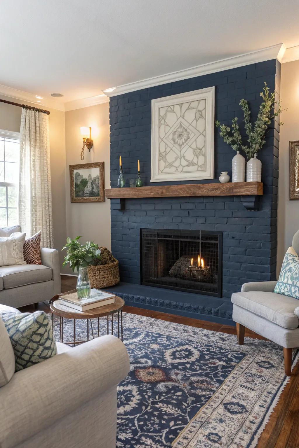 Navy painted brick fireplace brings about sophistication and calm.