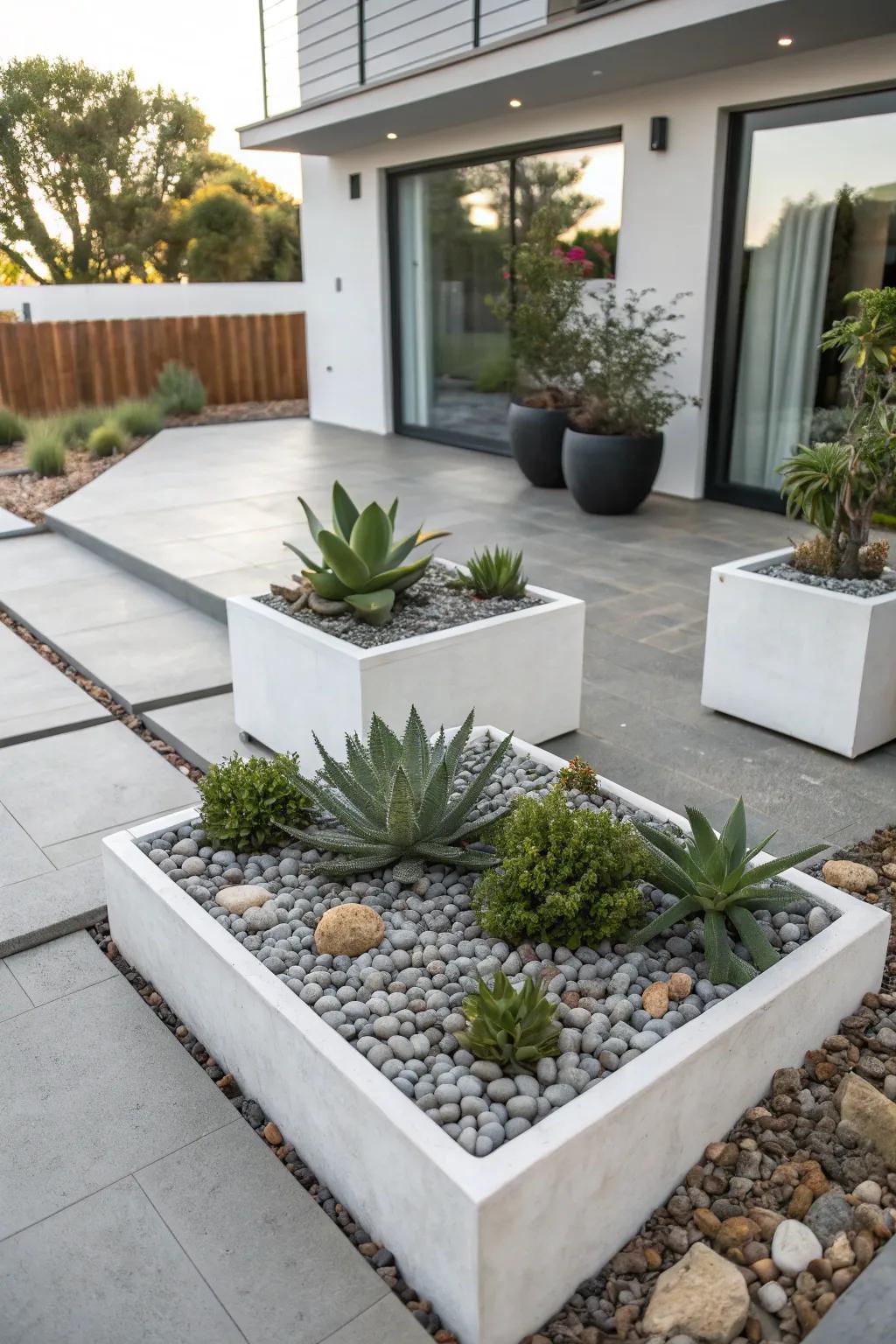 Minimalist landscaping enhances the elegance of a modern patio.
