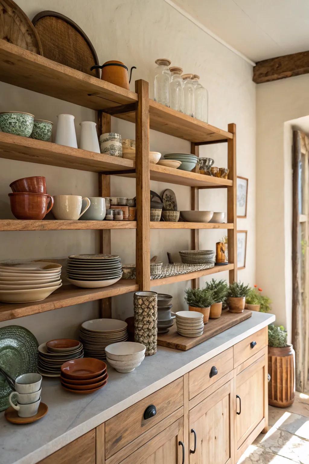 Open shelves provide both functionality and a display space for personal touches.