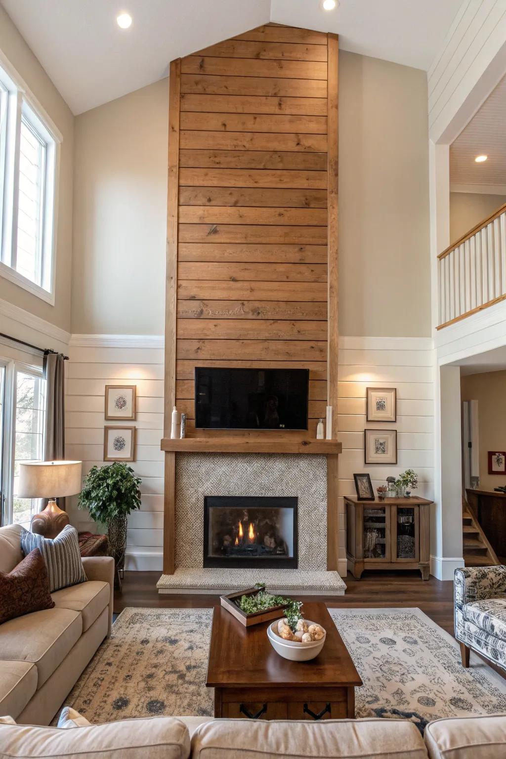 An upright shiplap fireplace that adds height to the room.