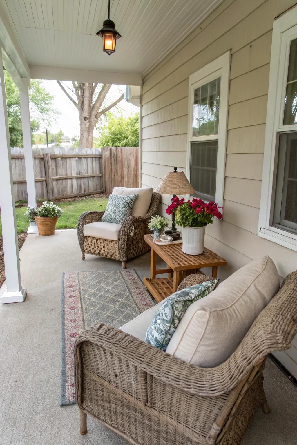 A small front porch featuring cozy seating arrangements for relaxation.
