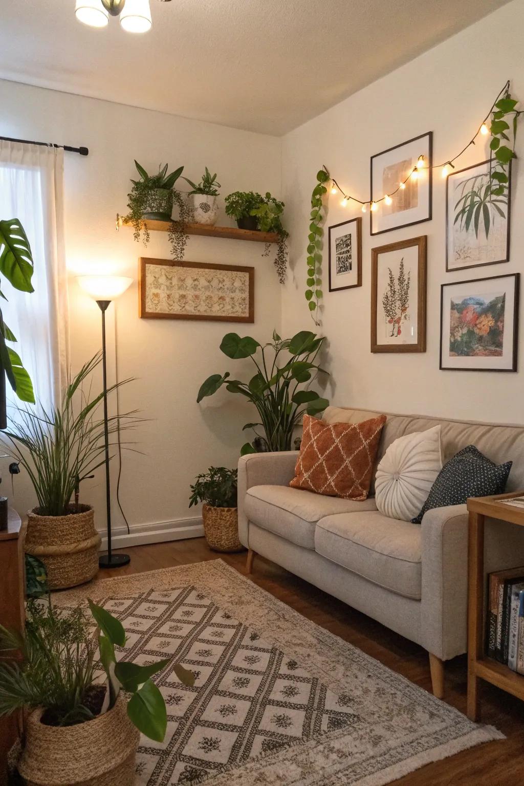 Ornamental details such as plants and art enriching a compact living area.