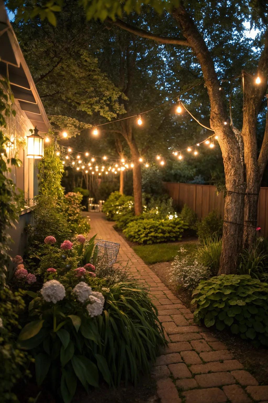 Strategic illumination amplifying the mood of a compact garden.