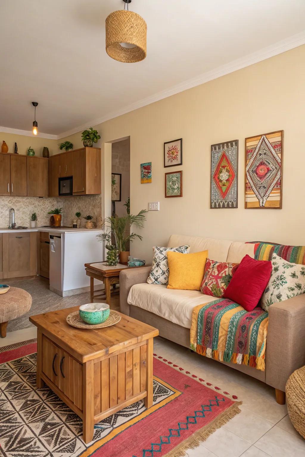 A studio apartment decorated with neutral, natural colors and vibrant accessories that add a pop of color.