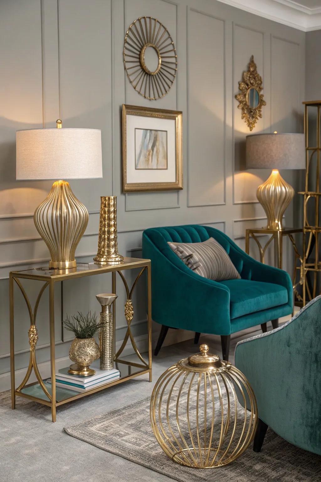 Metallic accents enhance the glamour of a teal and grey living room.