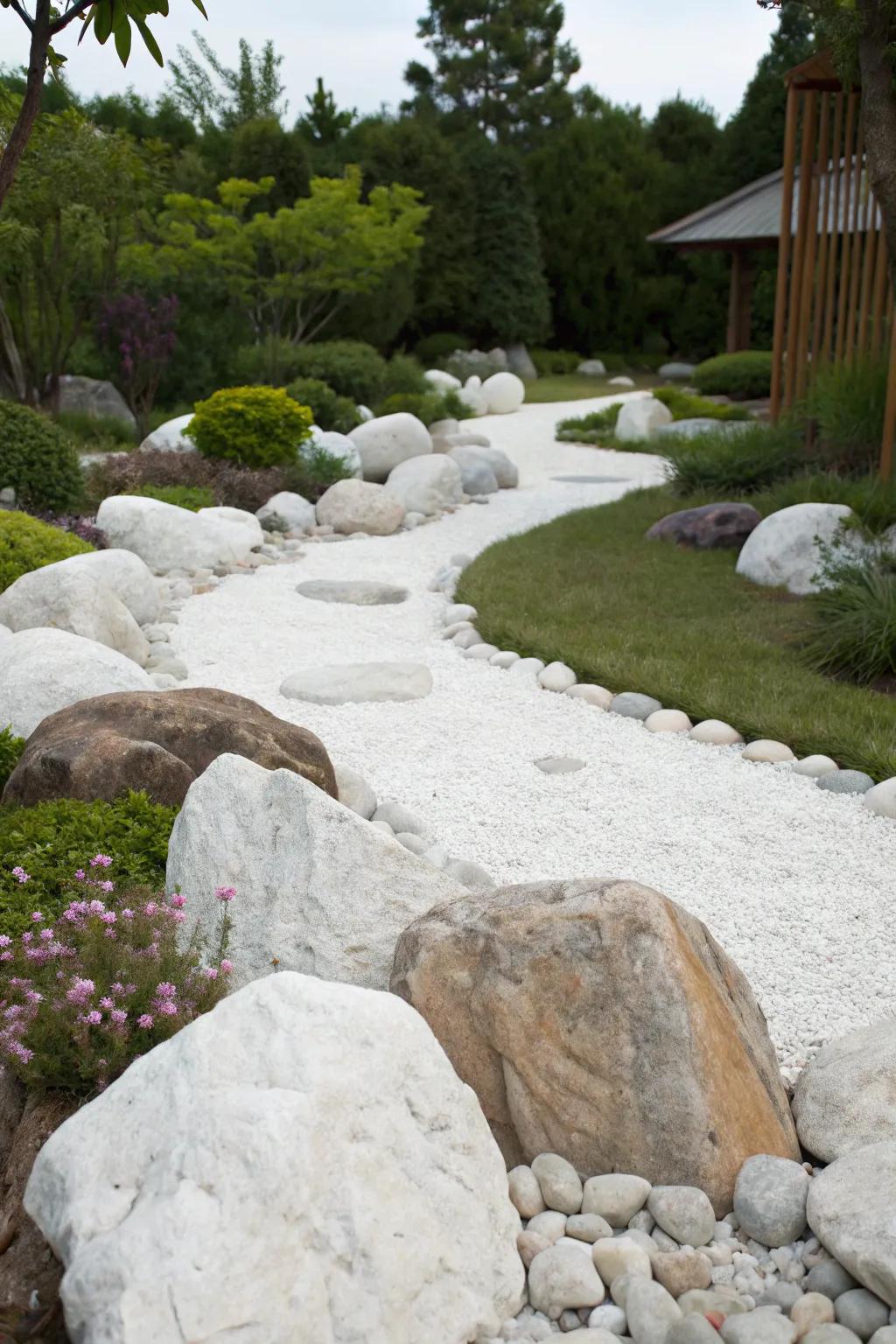 A garden showcasing big focal point rocks nestled amid alabaster stones, producing a textured scenery.