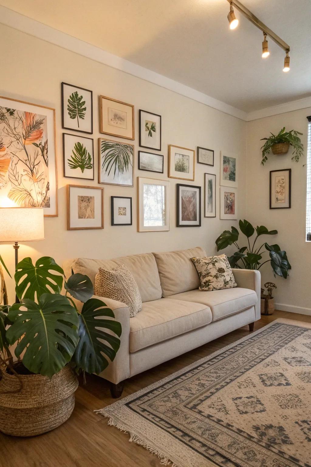 Split-leaf philodendron fronds brightening a neutral-toned lounge.
