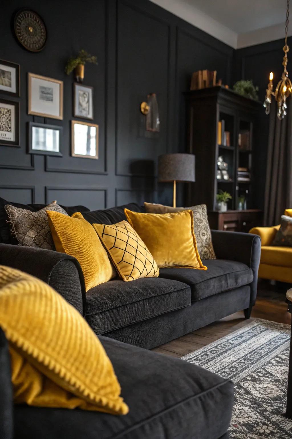 Mustard cushions adding contrast to a dimly lit living room.
