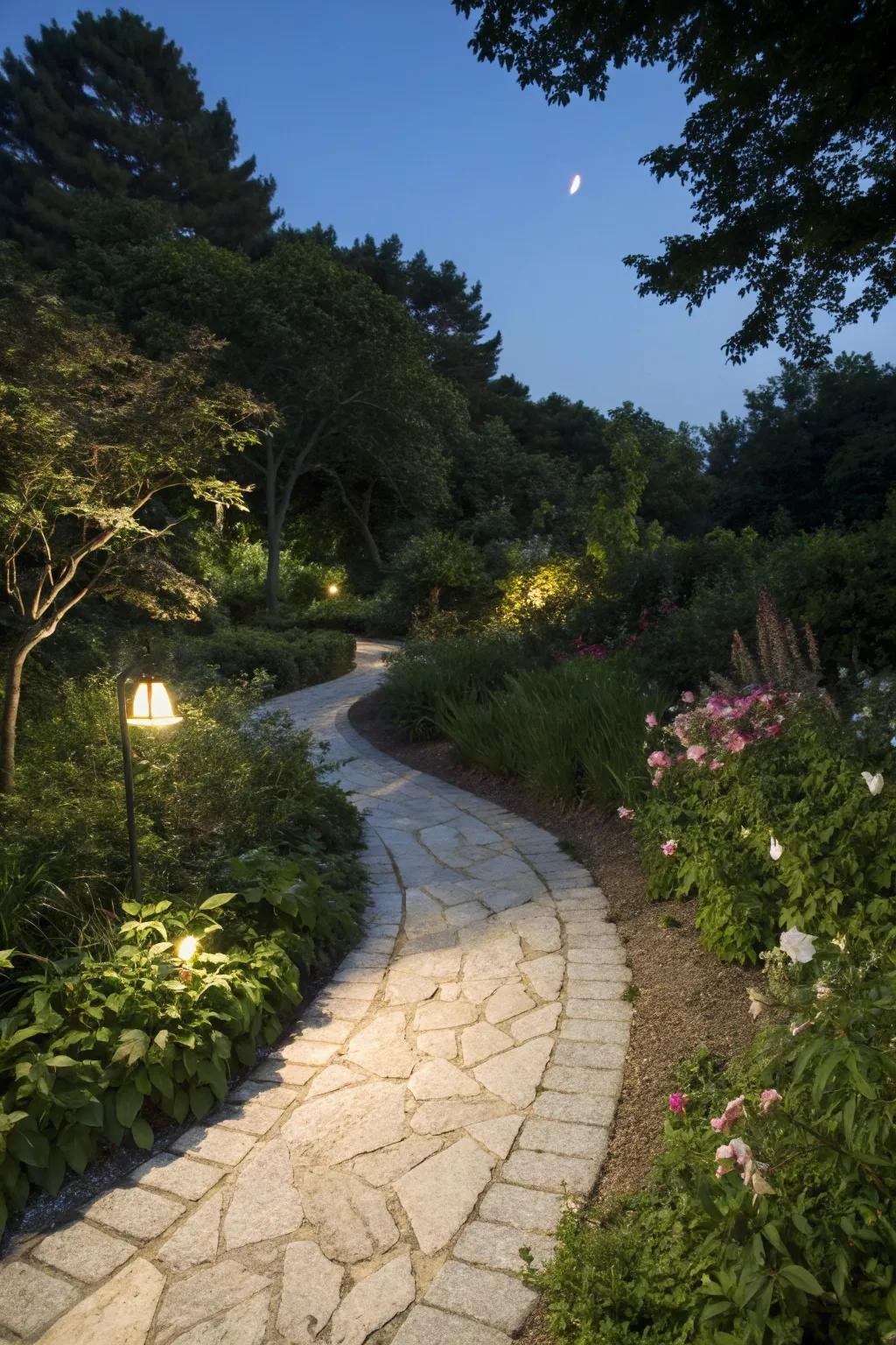 Light-colored stone pathways inviting nighttime exploration.