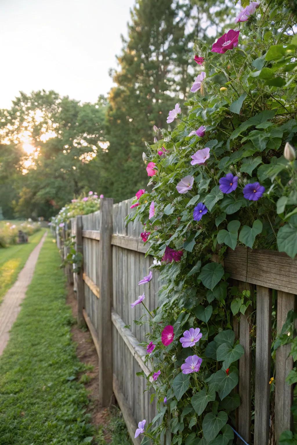 A wooden fence transformed by vibrant morning glory blooms.