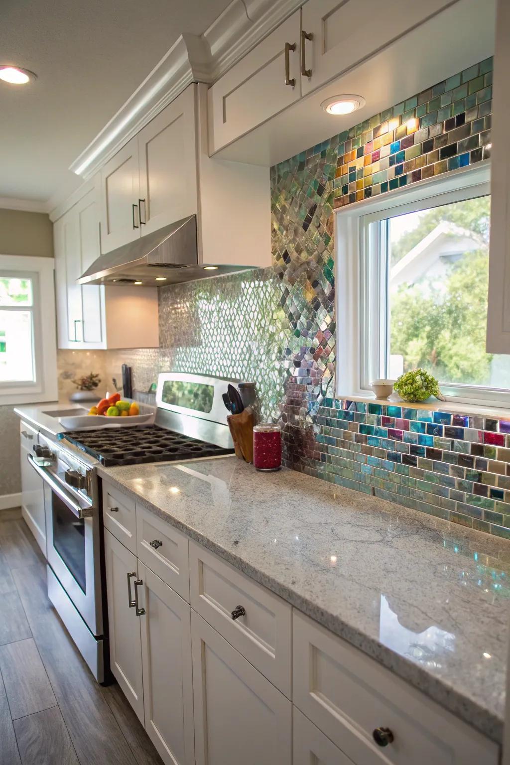 Glass mosaics add brightness and openness to the kitchen.
