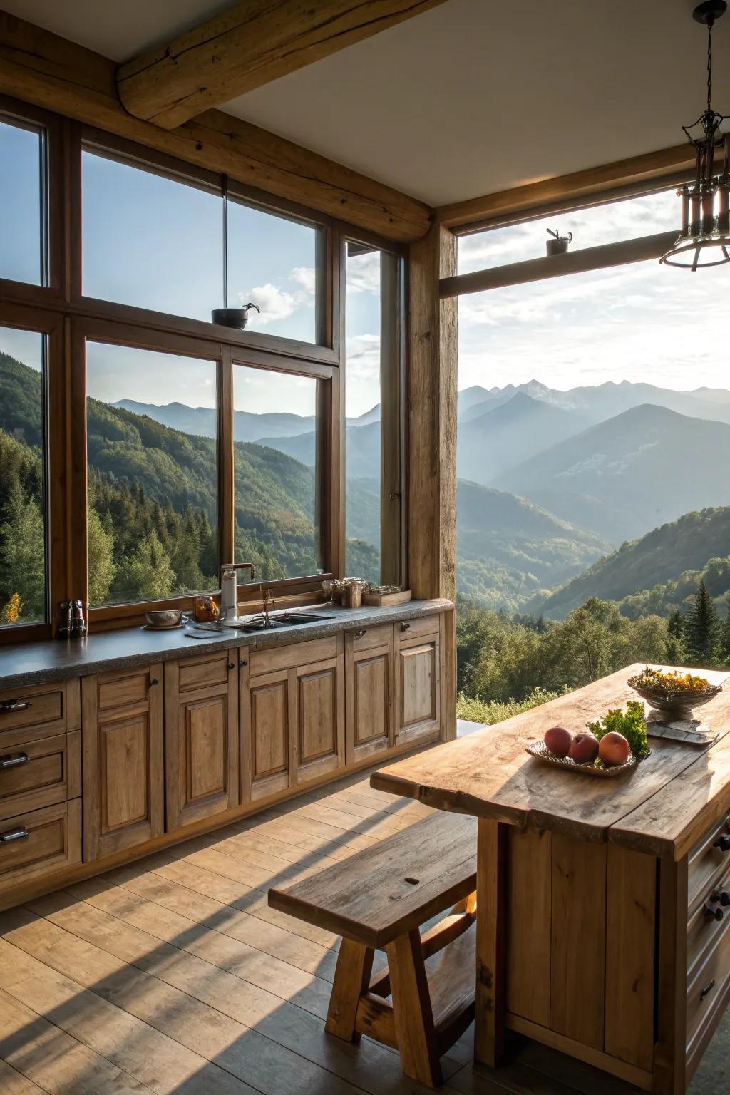 Generous windows showcase the picturesque mountain landscapes, seamlessly merging the outdoors with the indoors.