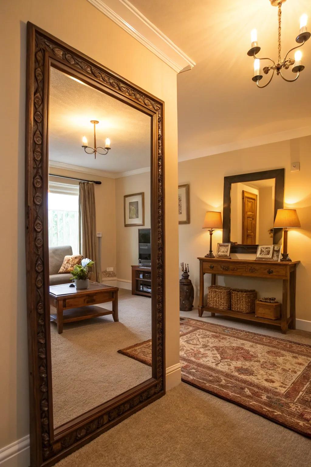 A big mirror placed well to make a small living room seem wider.