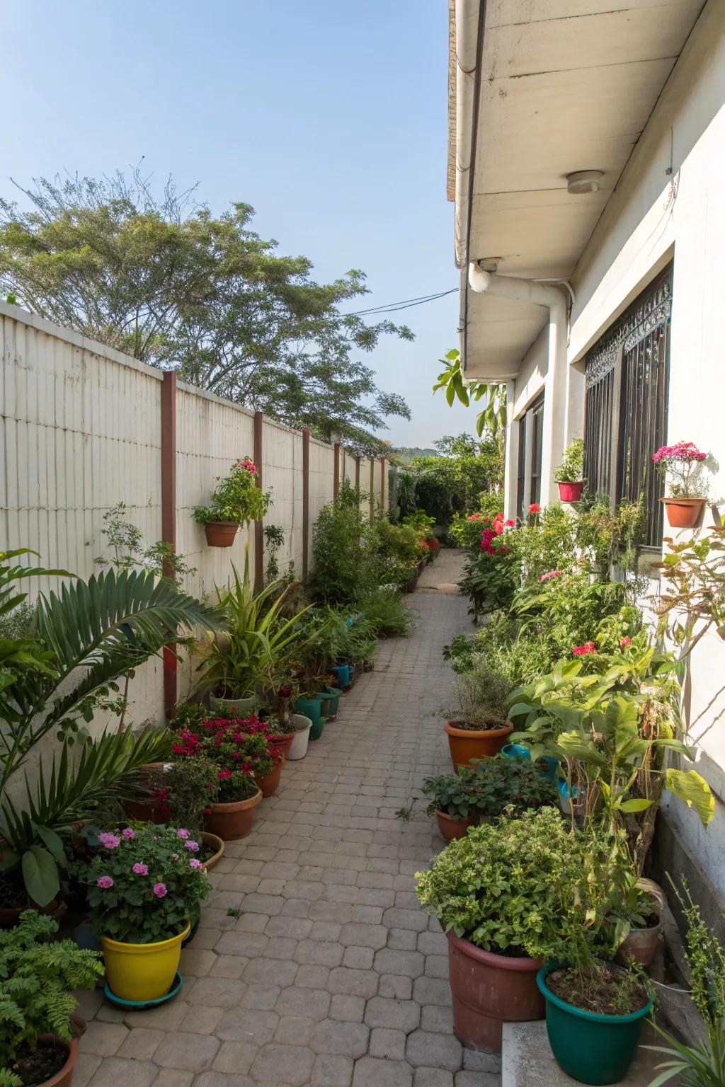 Potted plants offer versatility and color to narrow spaces.