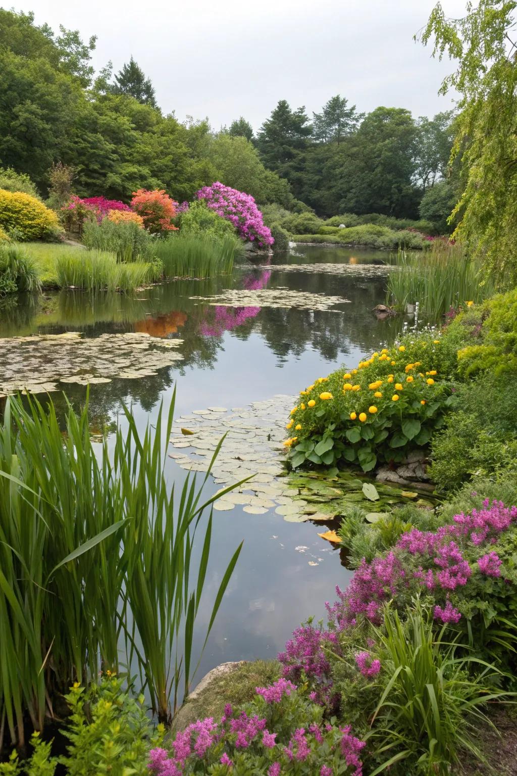 Lush greenery and vibrant flowers enhance the visual appeal of a natural pond.
