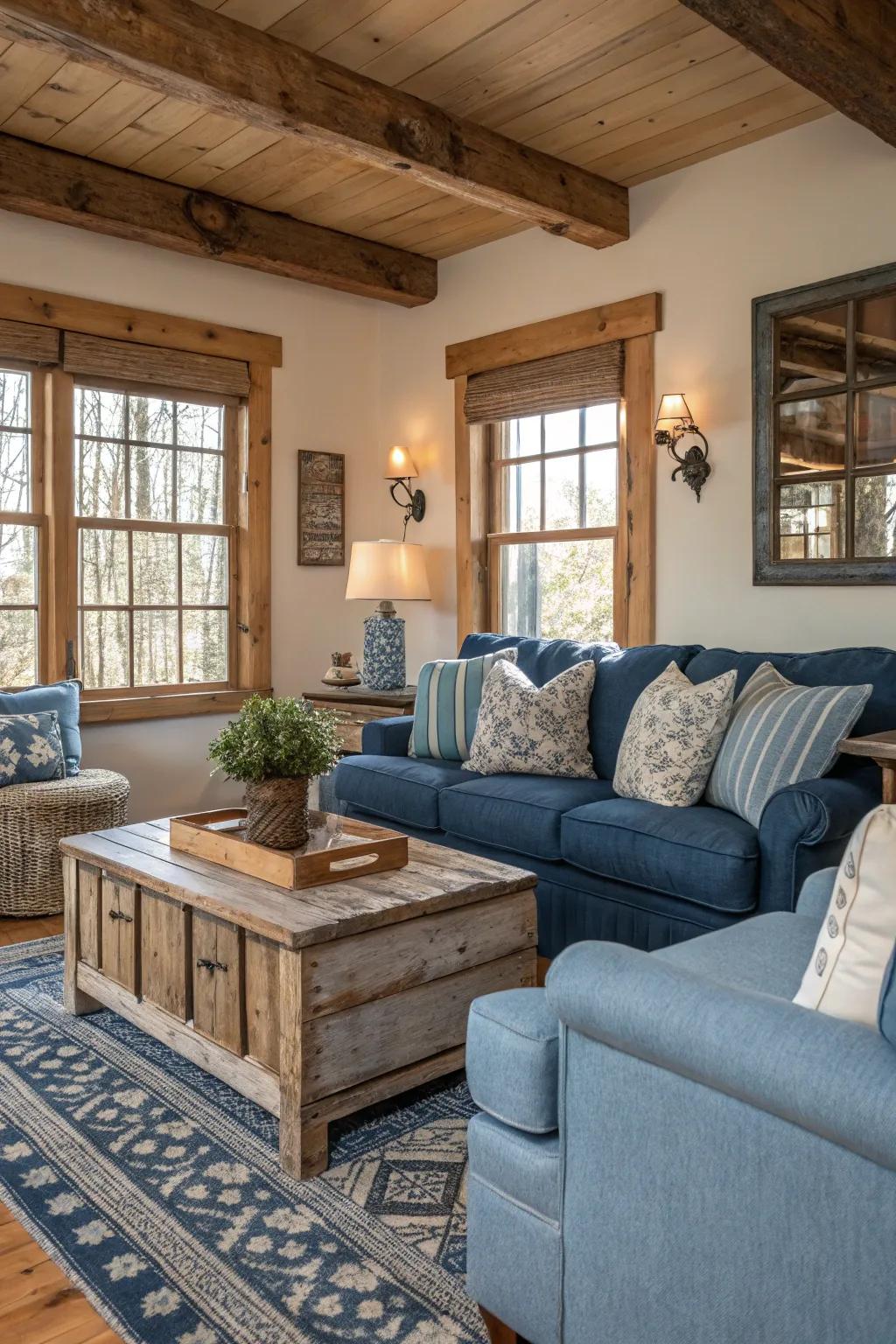 Denim blue and weathered wood bring rustic charm to this living room.