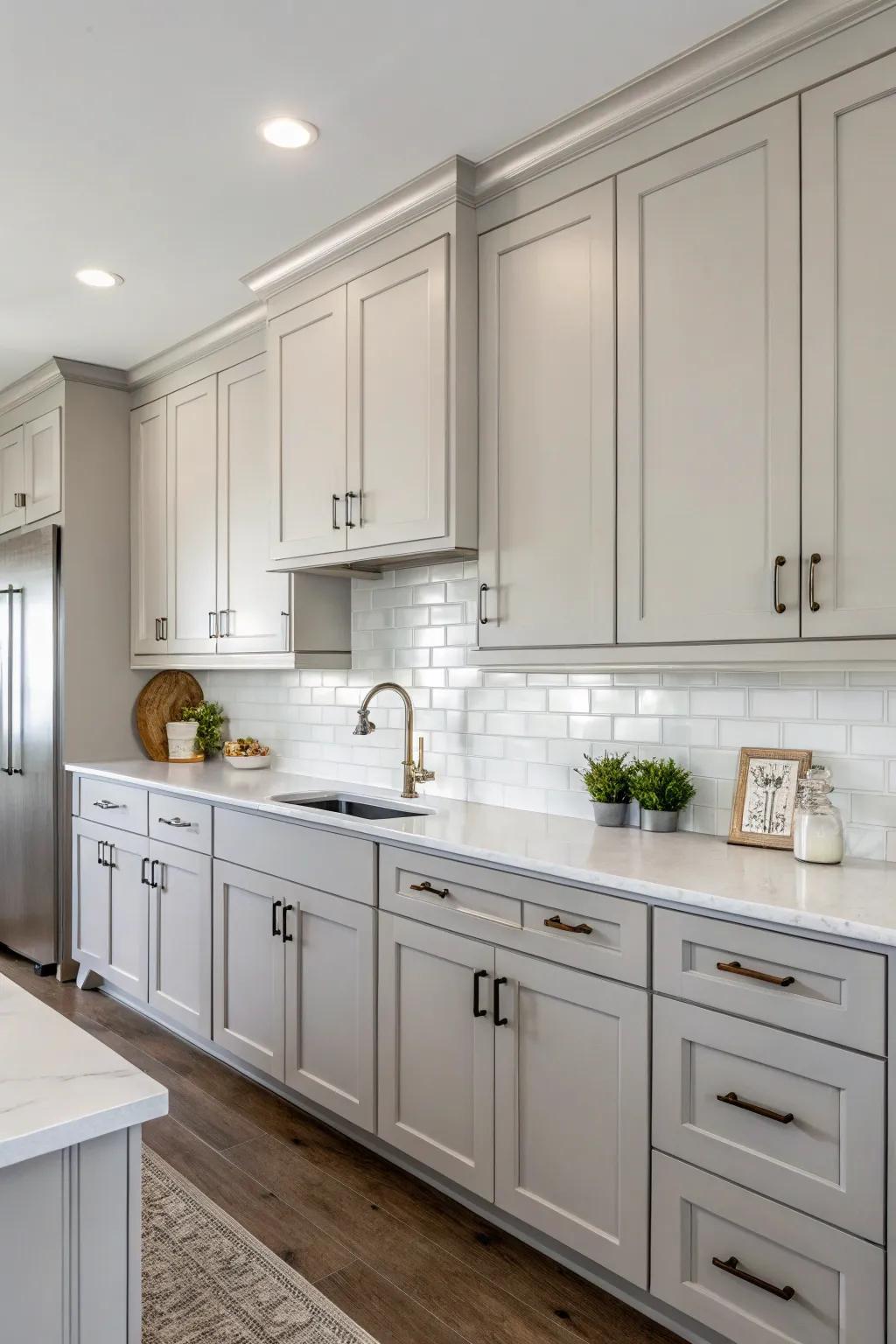 Soft grey units deliver a sleek and modern feel.