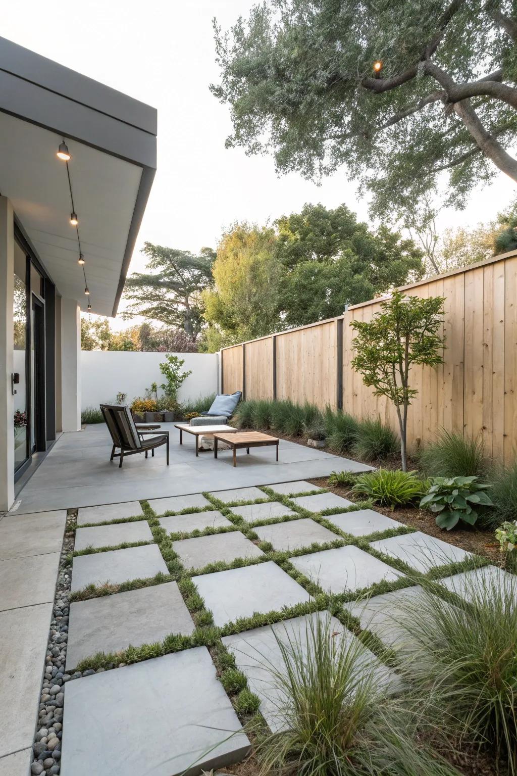 A streamlined and minimal-upkeep patio arrangement featuring formed concrete pavers.