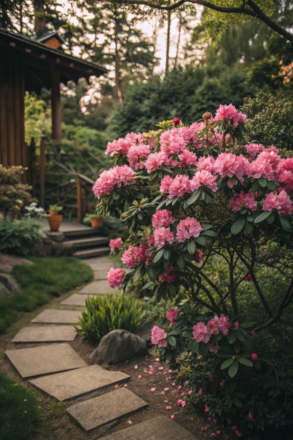 Rhododendrons provide dramatic color with their vibrant blooms.