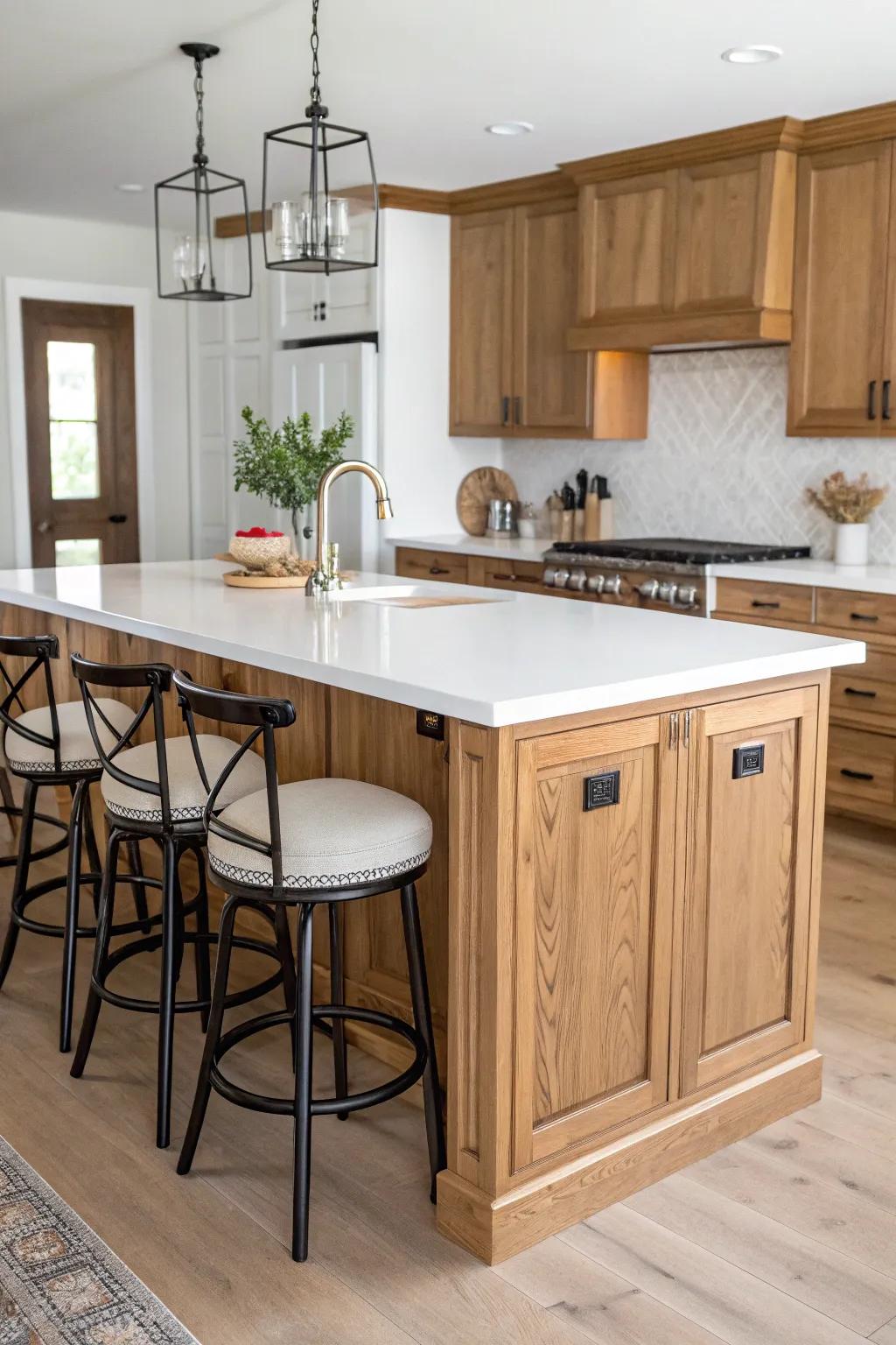 An inviting kitchen island with oak and white elements.