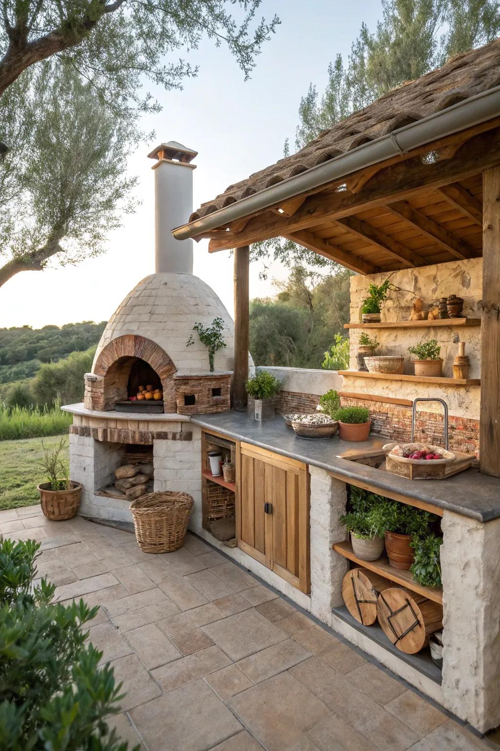 A brick oven adds both functionality and aesthetic appeal to the outdoor space.