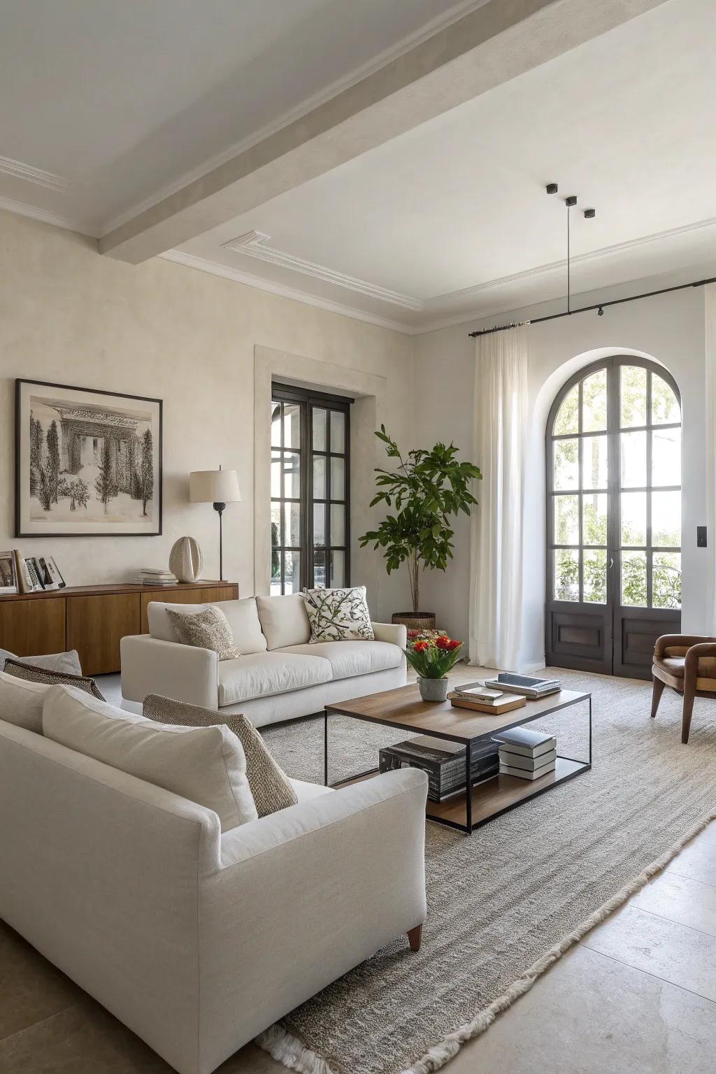 Simple decor enhances the class of a pale ivory living space.