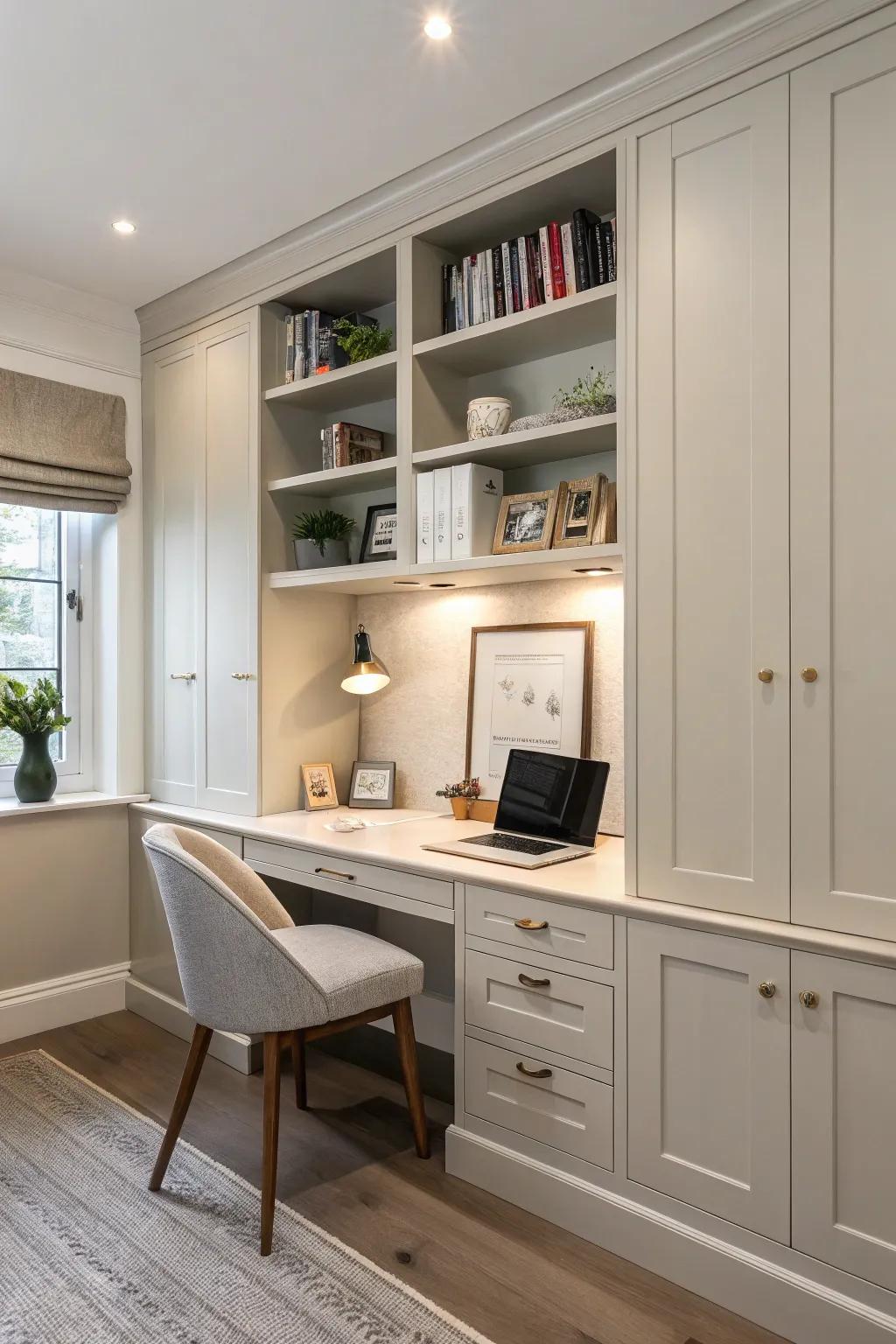 Closed cabinets keep your office clutter-free and serene.