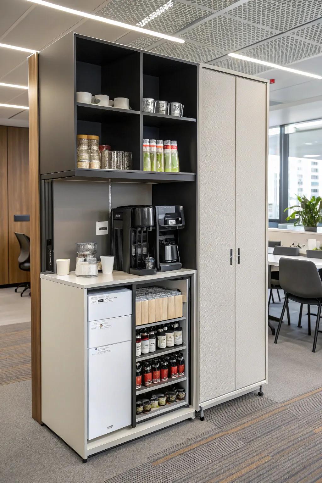 A polished cabinet keeps coffee supplies neat and out of view.