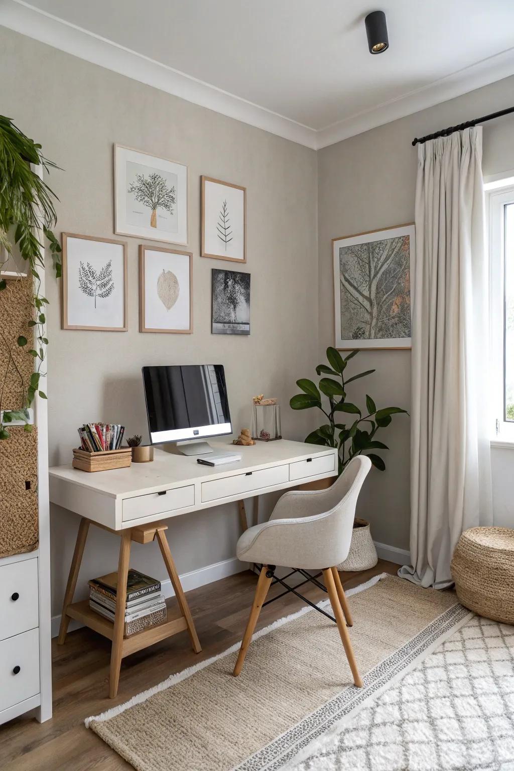 Neutral shades offer a timeless and adaptable office setting.