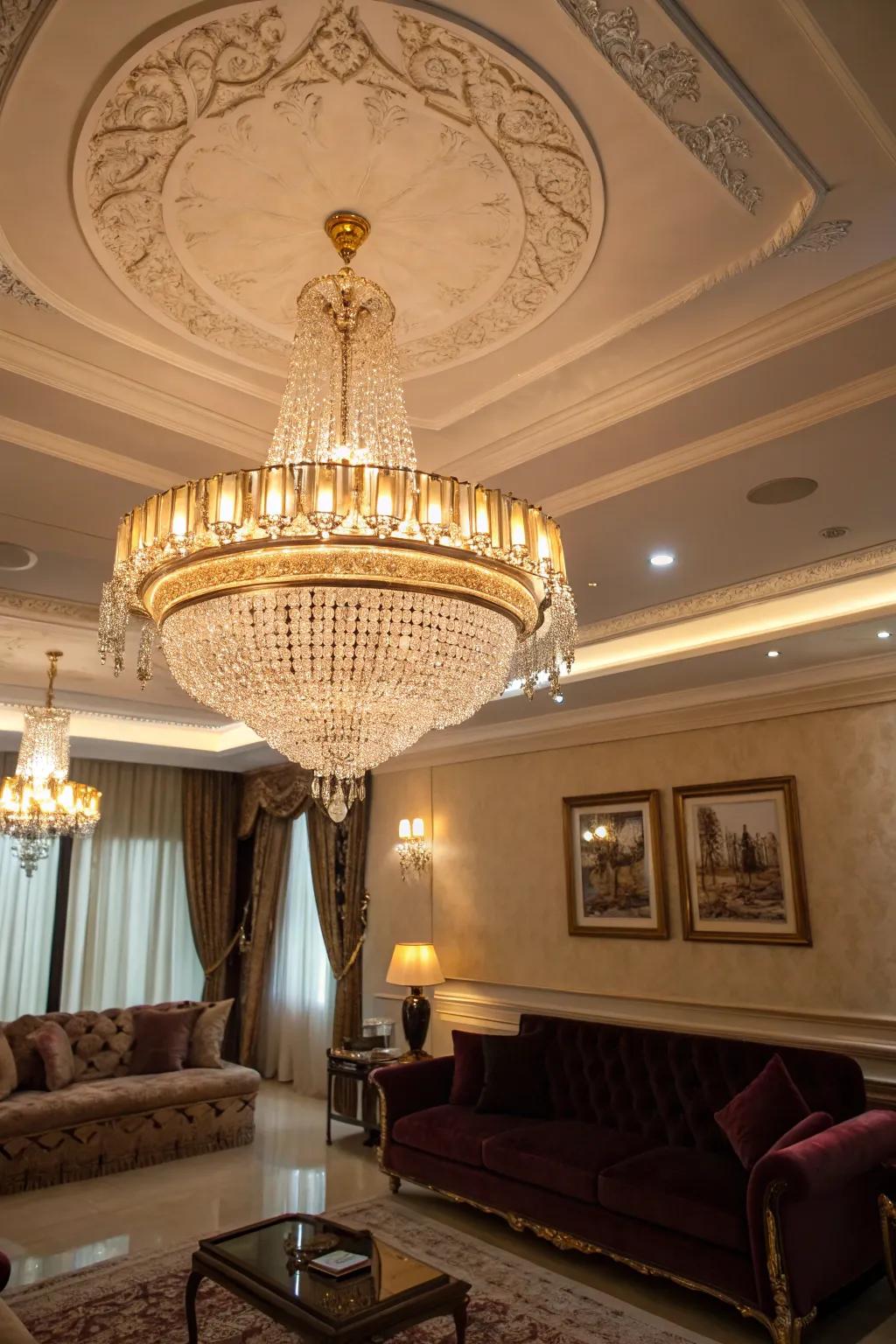 A luxurious chandelier adds grandeur to the living room.