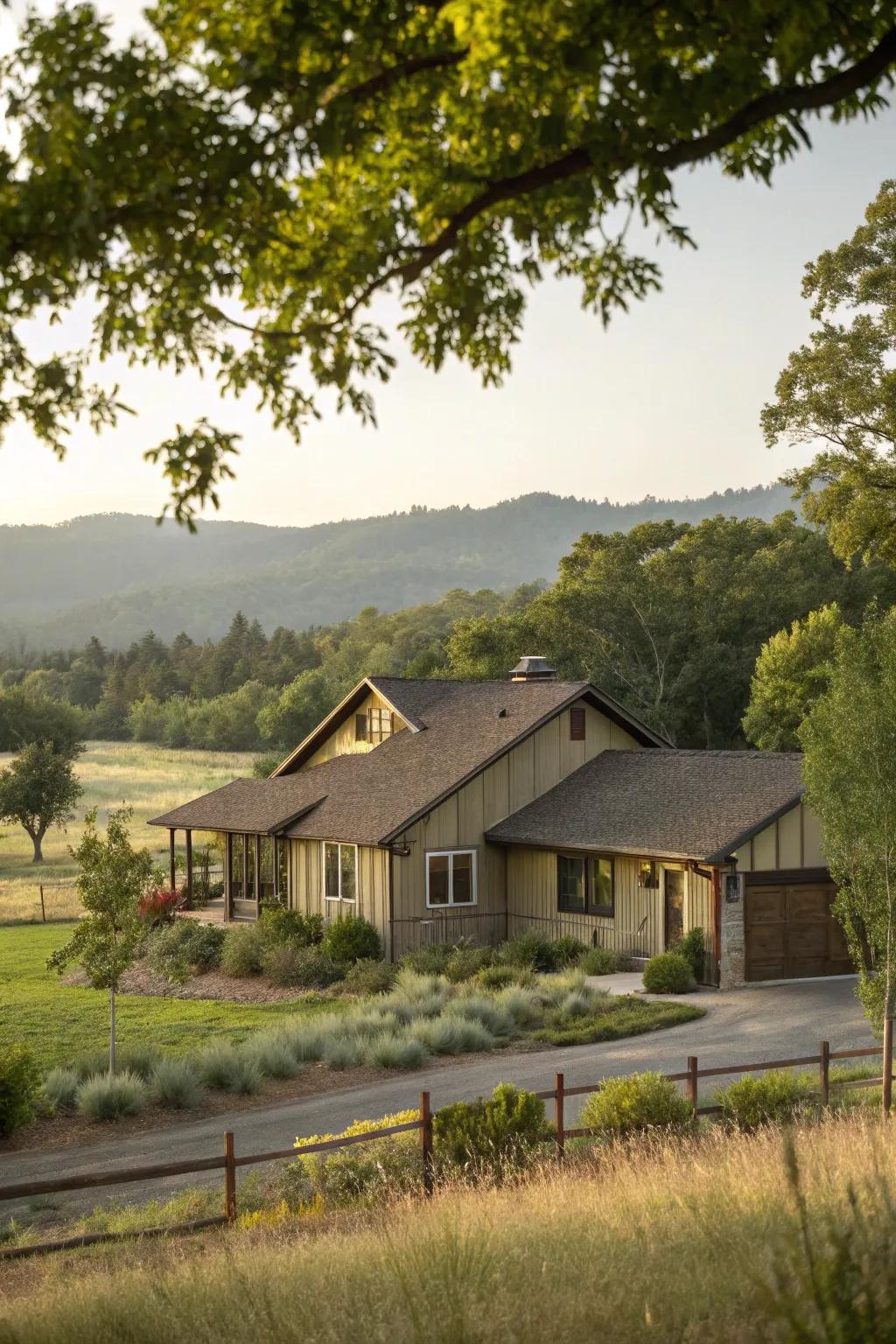 Earthy tones create a serene and unified look for this ranch house.