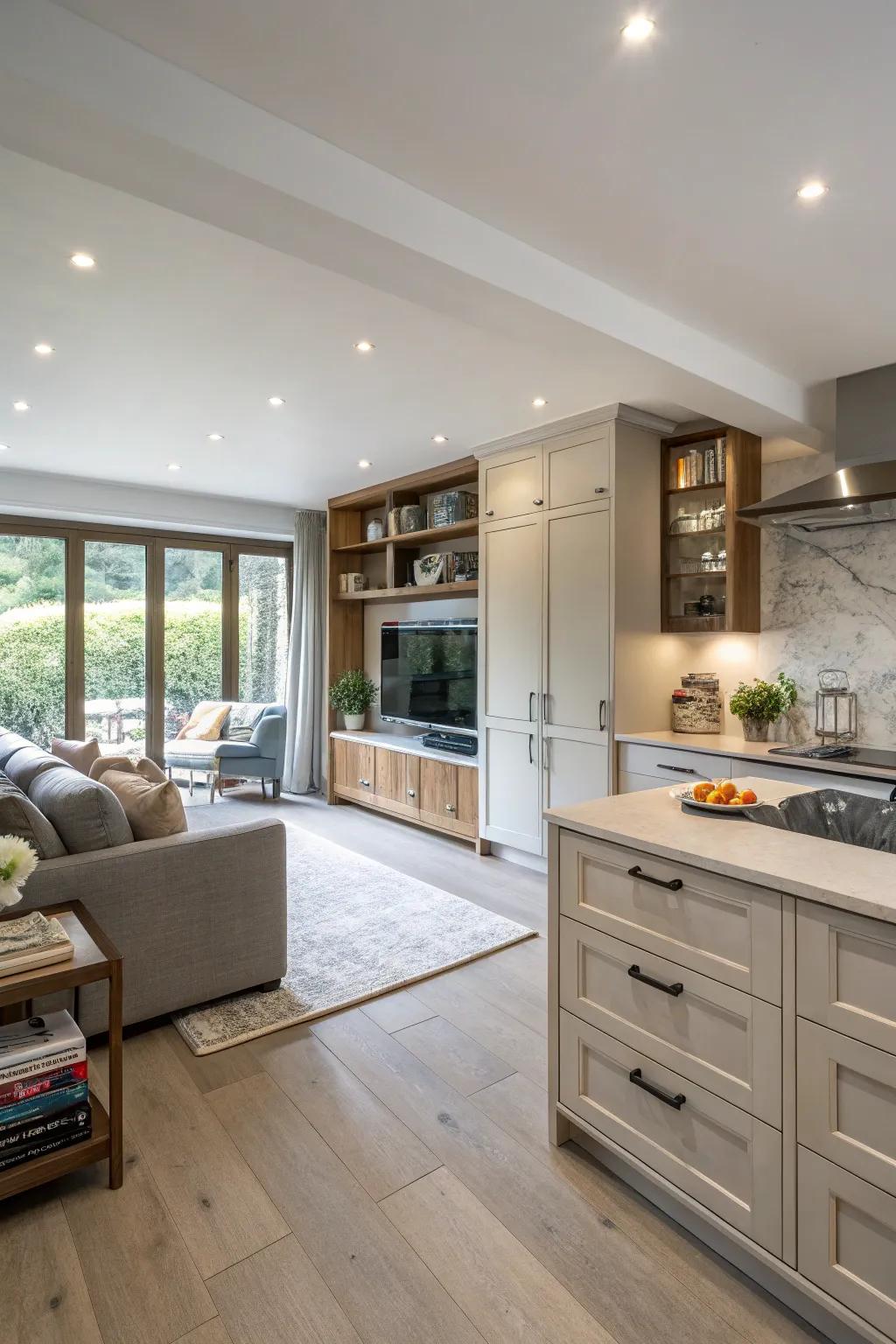 Streamlined storage solutions help keep the open space tidy and organized.