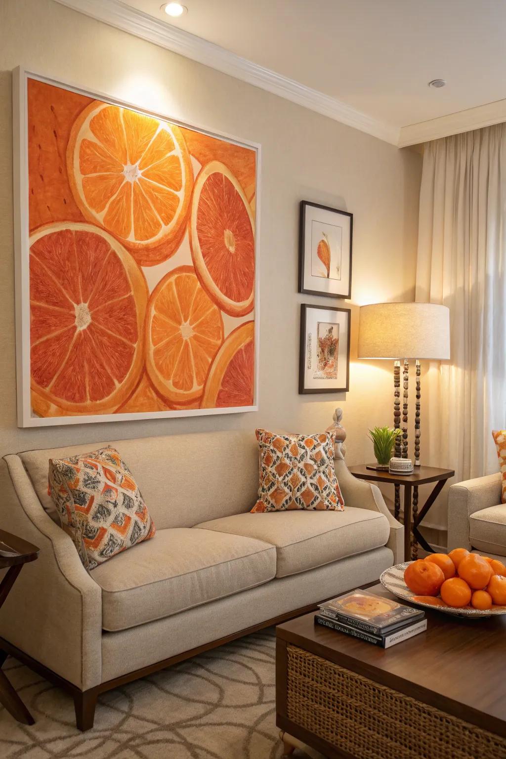 Artwork showcasing orange beautifully unifies the space’s color palette.