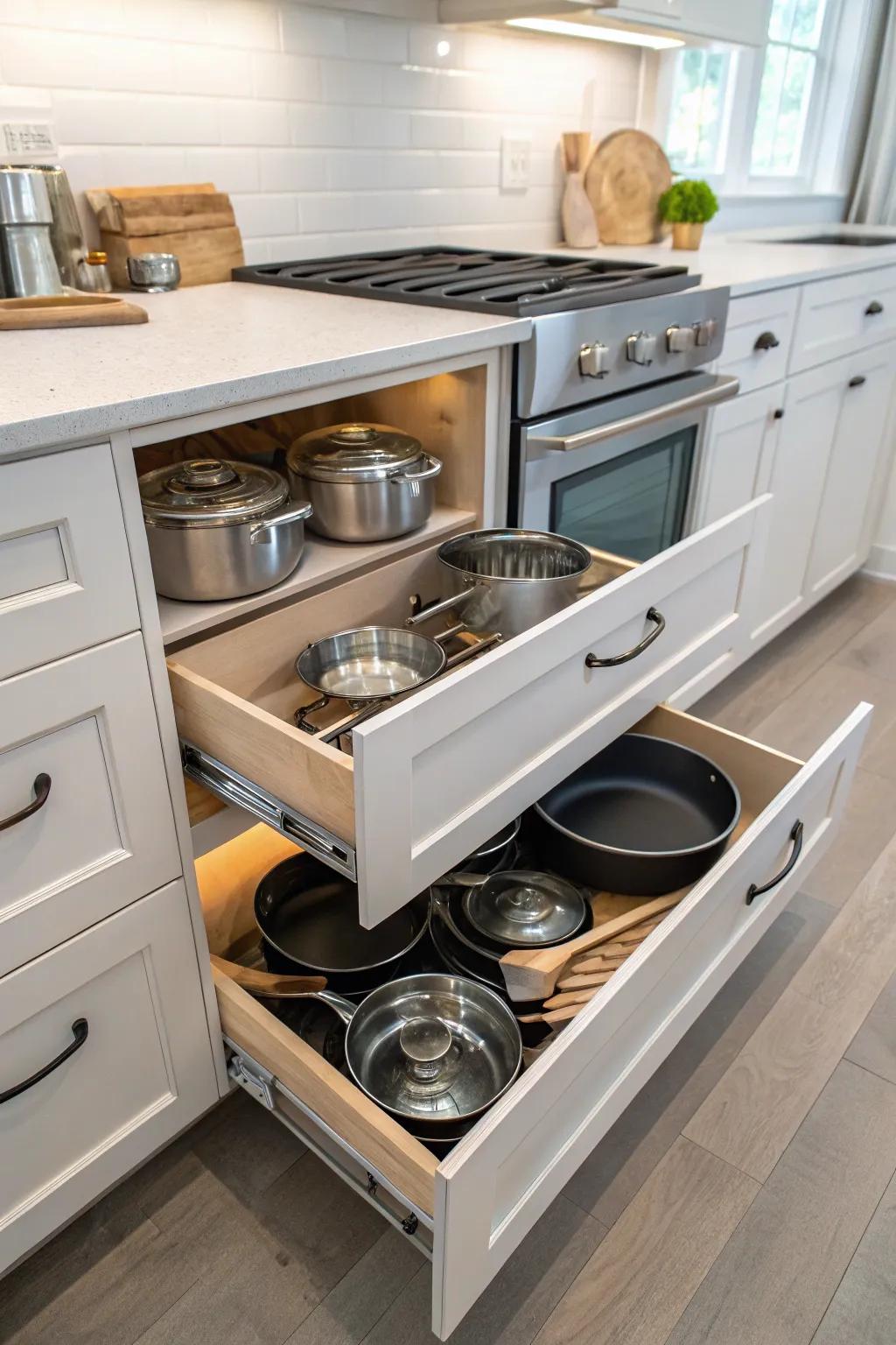 Pull-out drawers providing easy access to pots and pans.