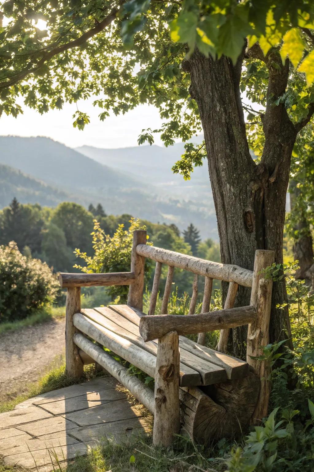 Rustic charm with a natural wood bench in a green retreat.