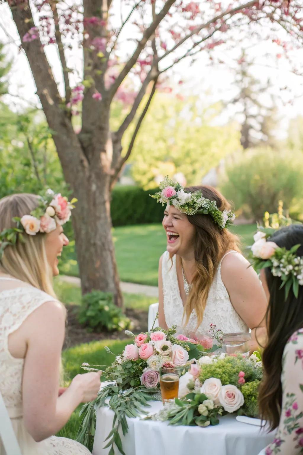 Guests design sophisticated floral crowns for an added bohemian flair.