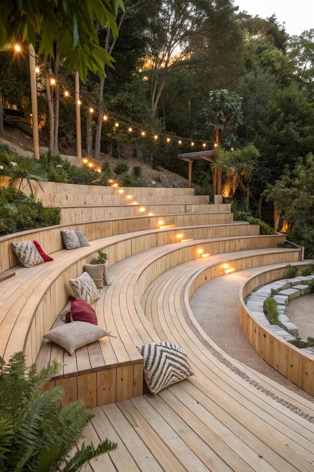 Embrace nature and learning with this stunning amphitheater-style outdoor classroom setup, where simplicity meets elegance.
