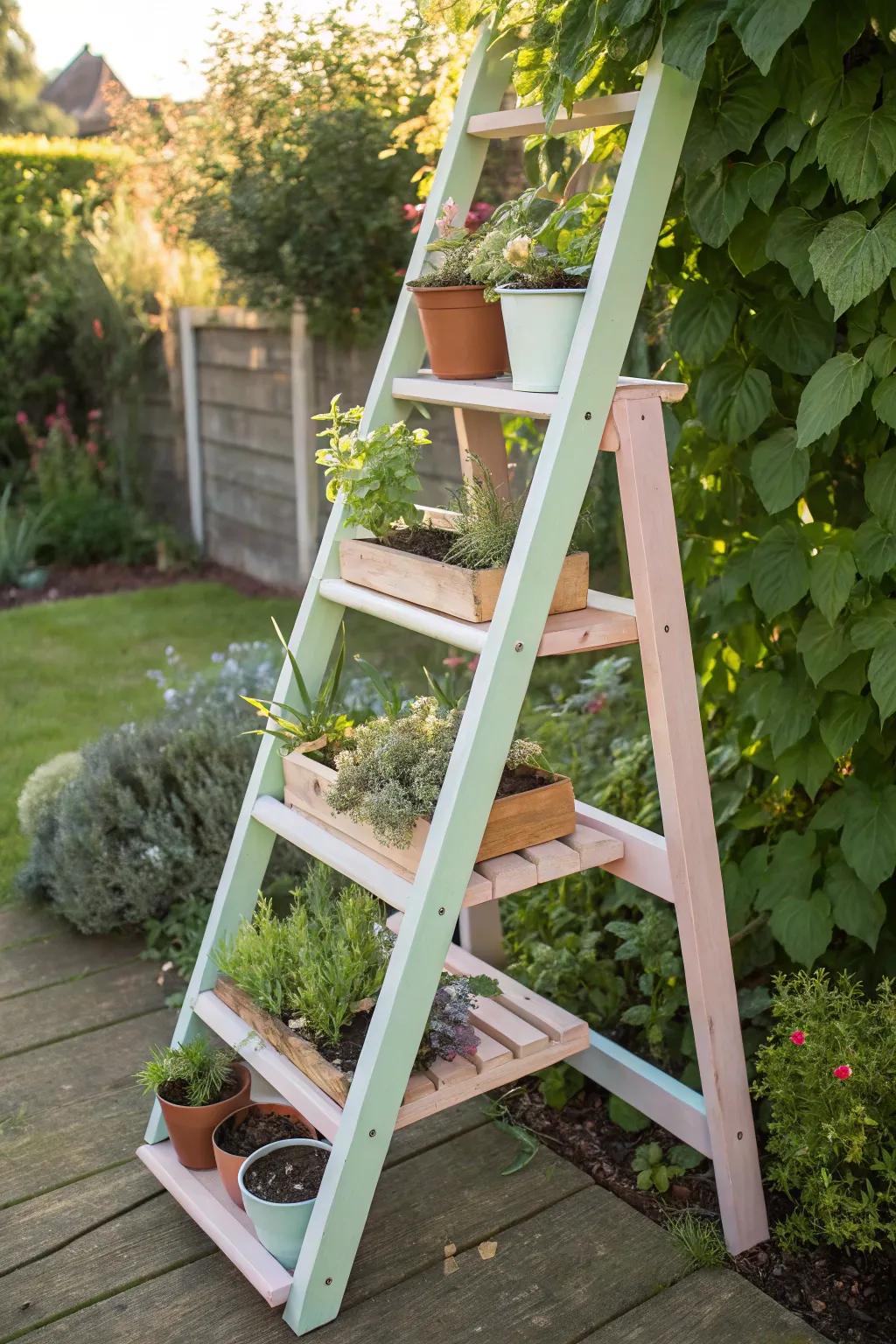 Transform your garden with a chic ladder shelf: where minimalism meets boho elegance.