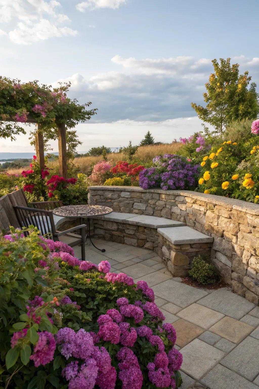 Stone walls with built-in seats add practical elegance.