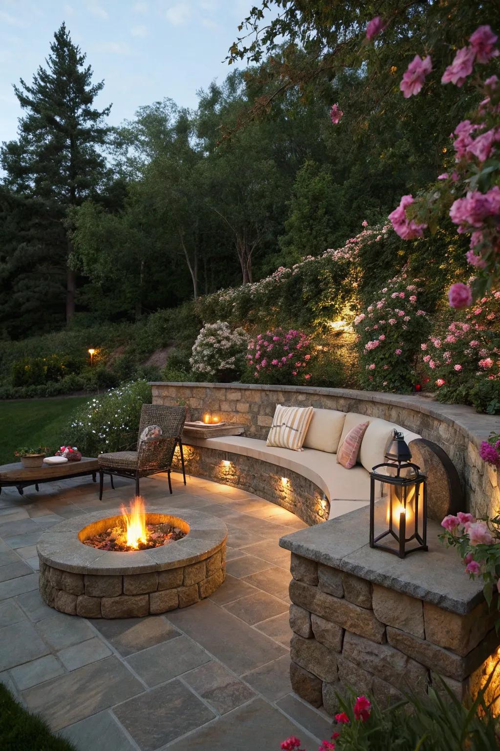 Fire pits fashion inviting locations for nighttime get-togethers.