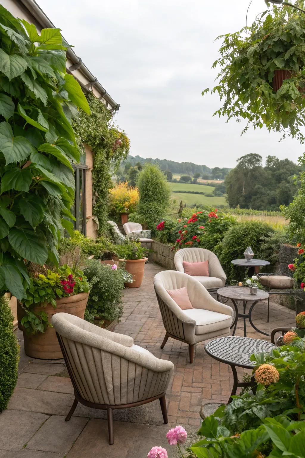 A snug seating space surrounded by lush greenery, perfect for relaxation.