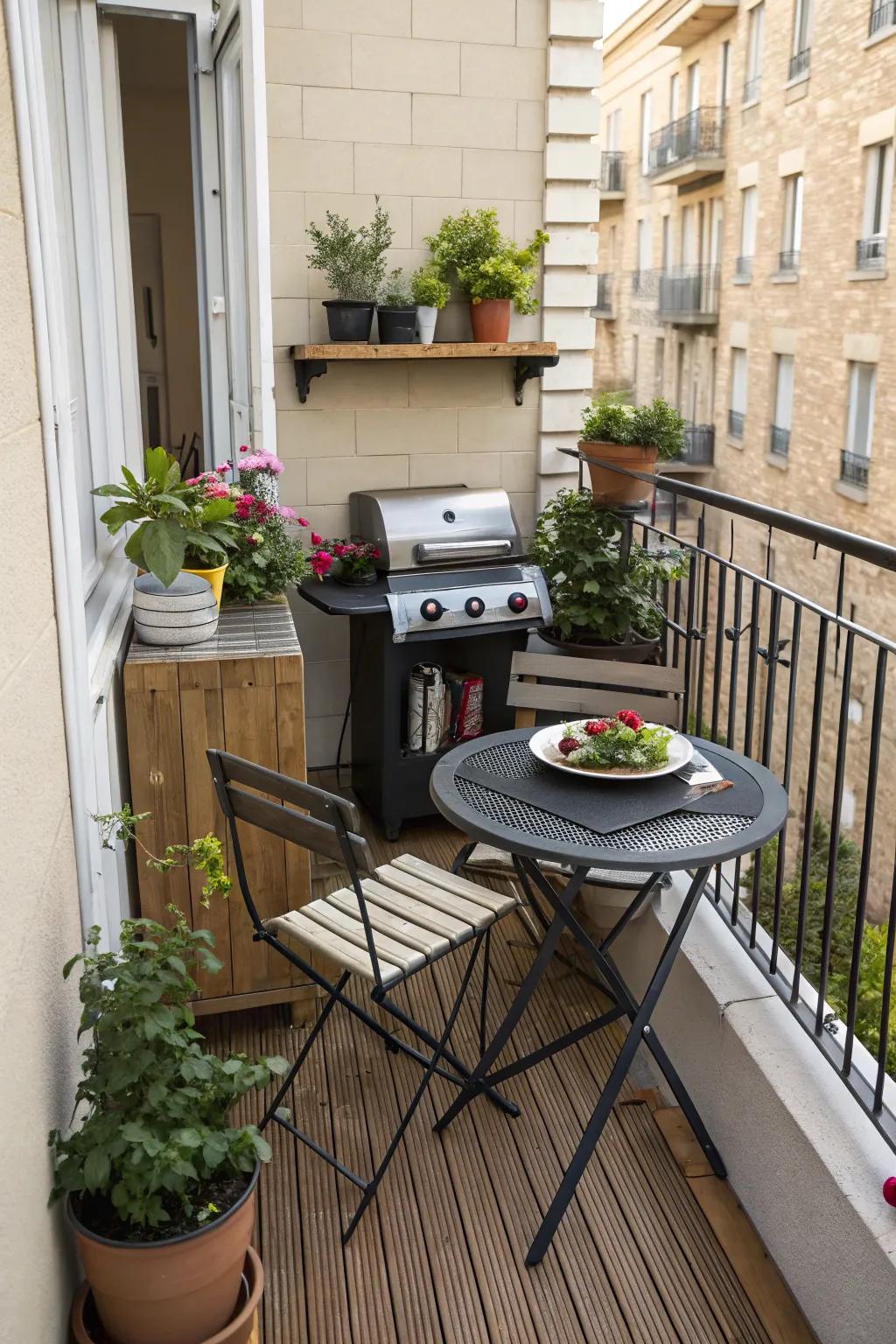 Grill on your balcony using a small cooking area designed for compact areas.