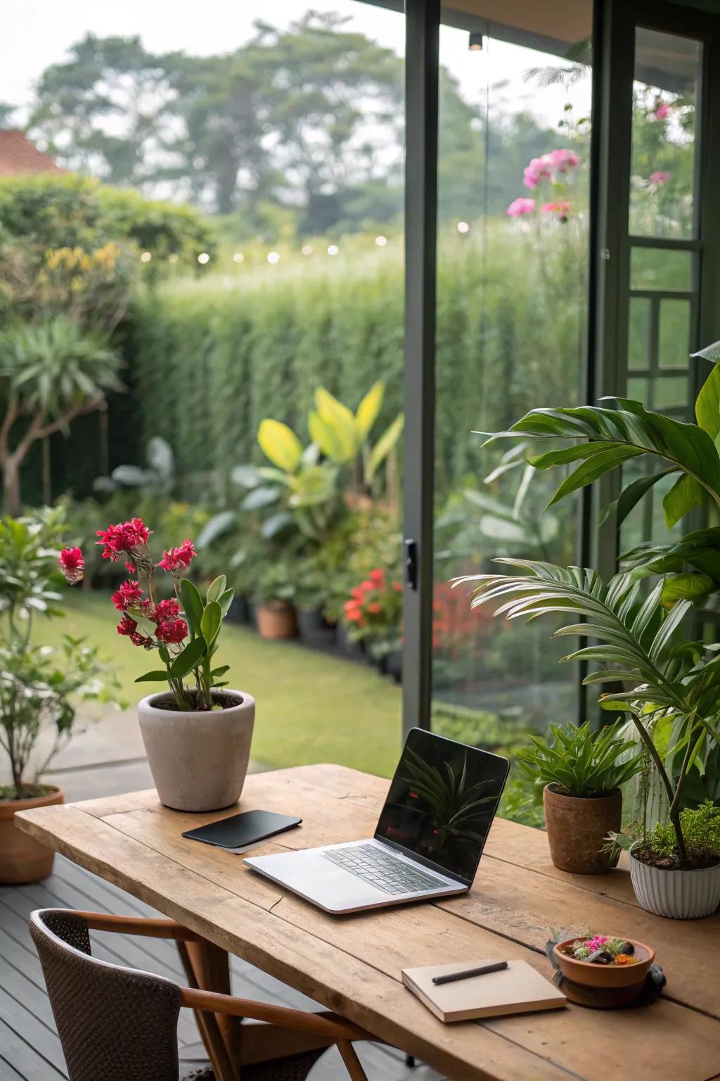 Lush greenery enhances the tranquil vibe of your outdoor office.