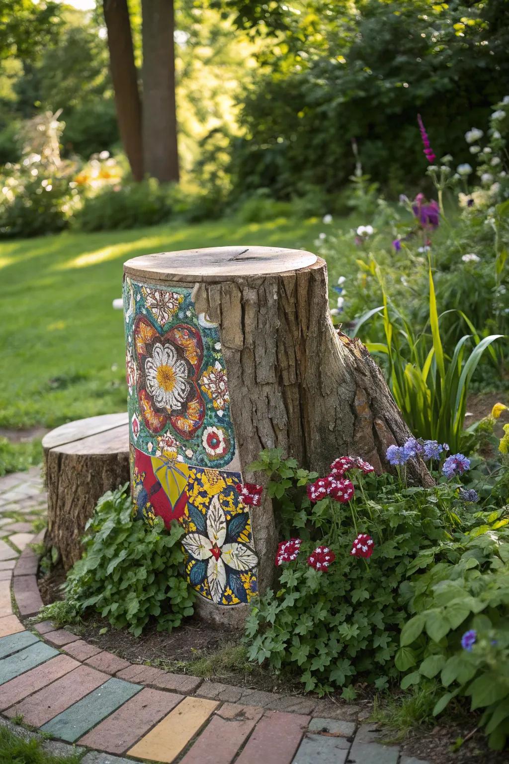 Mosaic artistry turns a tree stump into a vivid outdoor statement.