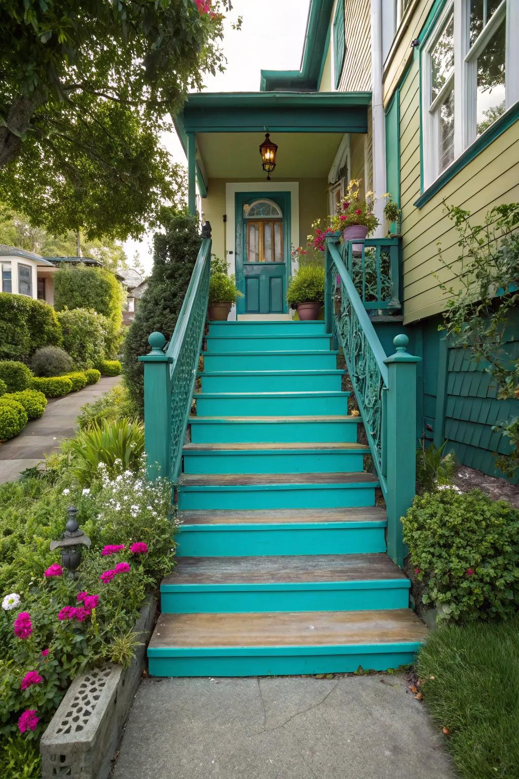 Vibrant teal stairs that make a bold entrance statement.