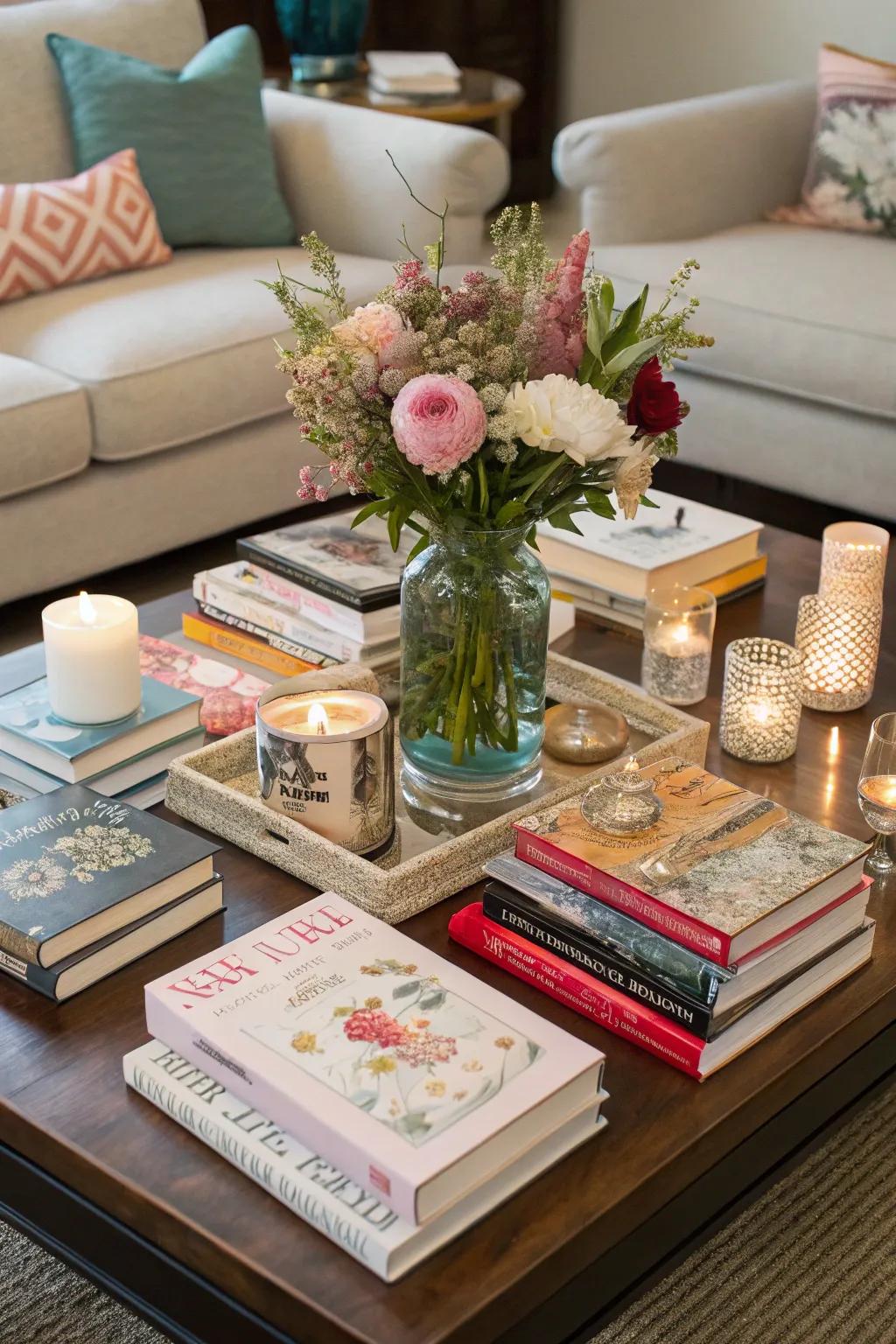 Layering books and decor adds depth and character to your coffee table.