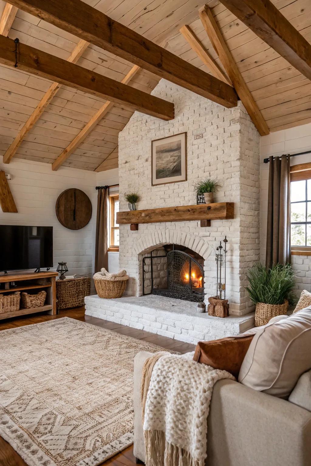 A whitewashed brick fireplace adding country charm.