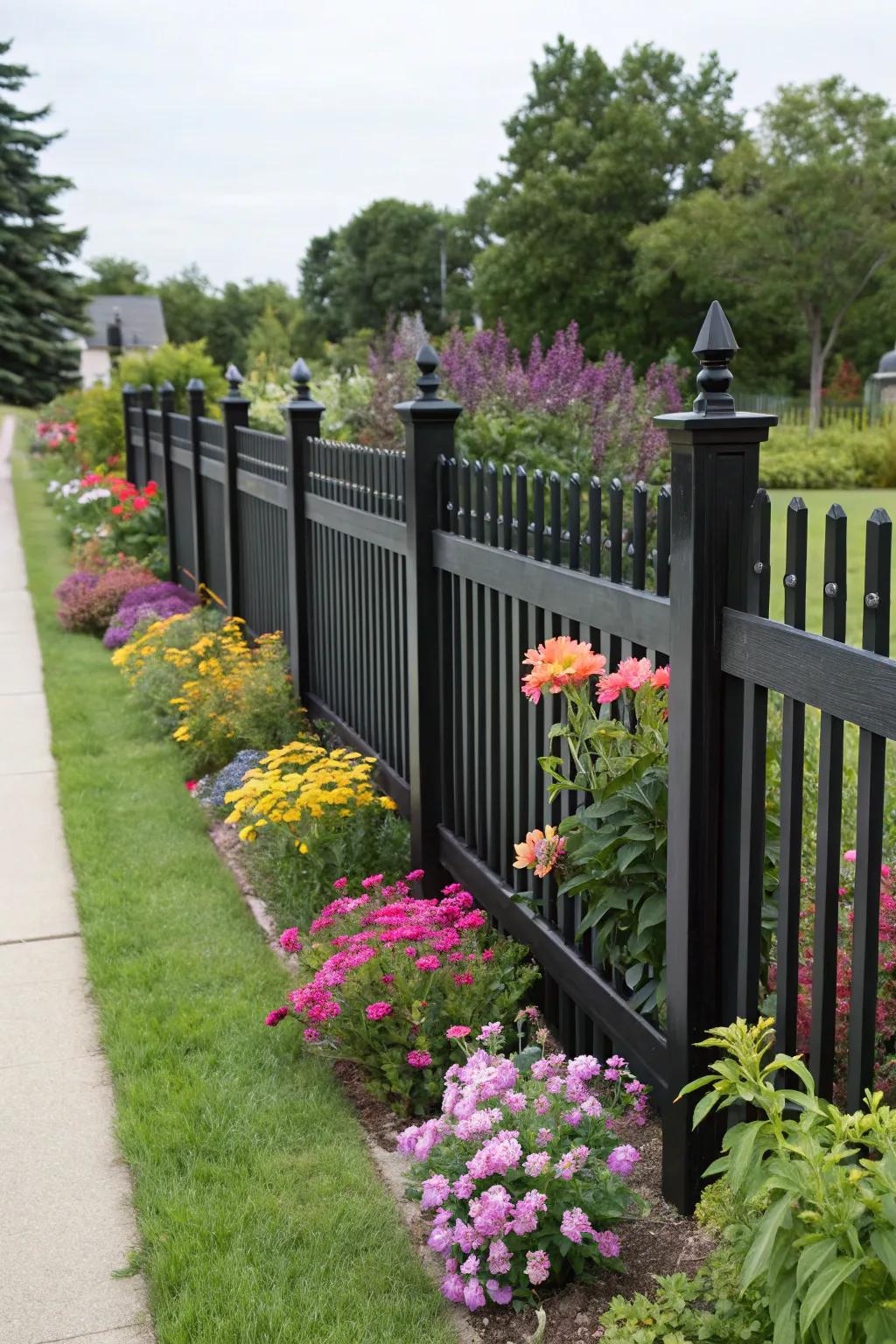 A striking black picket fence, exemplifying modern elegance.