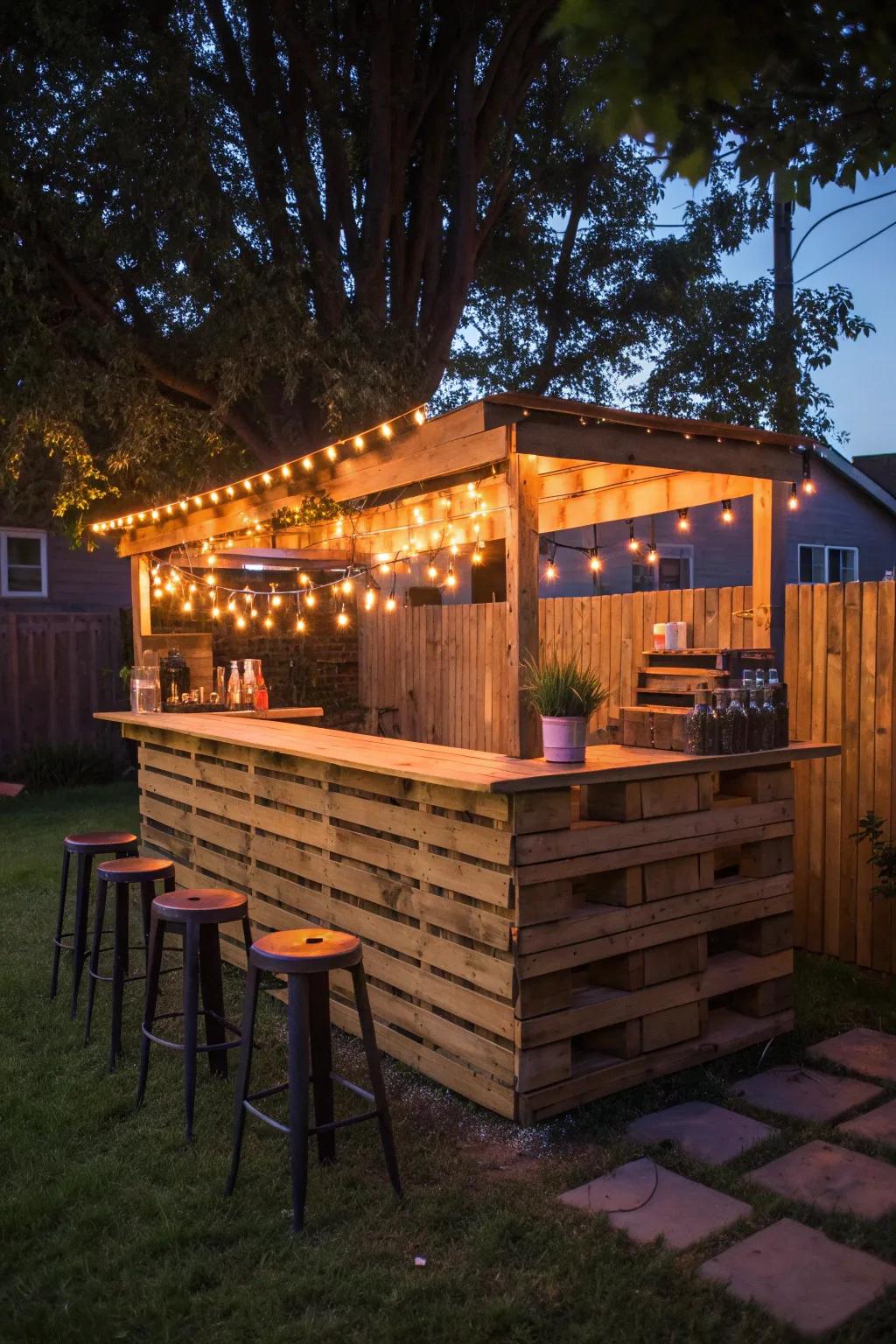 Transform your evenings with a rustic pallet bar and ambient string lights.