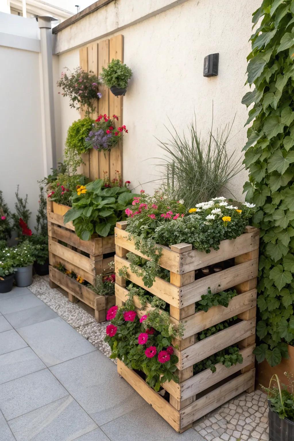 Transform unused corners into a lush corner garden oasis with vibrant pallet planters.